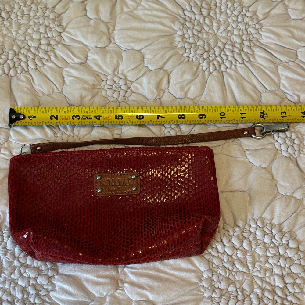 Sorial Red Textured Wristlet Pouch with Brown Strap - Picture 10 of 12